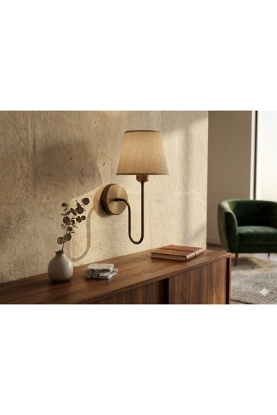 AKDENİZ AYDINLATMA ELEKTRİK MALZEMELERİ Vintage-Style Fabric Shade Wall Sconce – Aged Metal Body