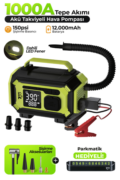 7GO 7A5 4-in-1 Akü Takviye Cihazı & Hava Kompresörü – 150 PSI Şarjlı Lastik Ş...
