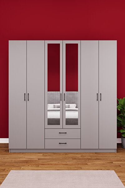 asratrend Lüks 6 Kapaklı Çekmeceli Gardırop %100 MDF Askılı Aynalı Düzenleyic...