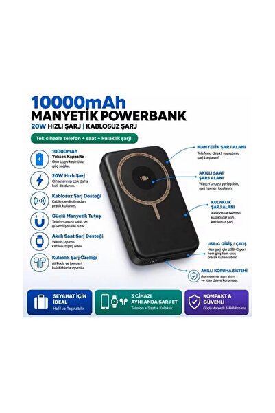 Nexiva 10.000 mAh 22,5W Magsafe Wireless Standlı Kablosuz Hızlı Powerbank 1xU...