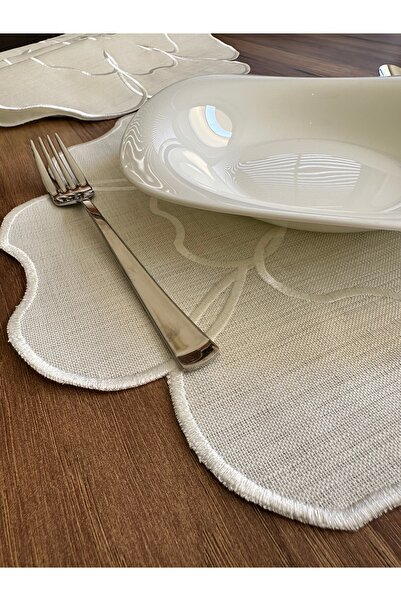 NURHAN HOME COLLECTION Maison Fleur Ekru Nakışlı 12'li Set, Keten Amerikan Servis ve Kahve Yanı Kokteyl Sunum Peçetesi