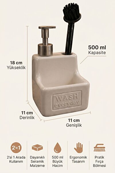 MAKRİ HOME 500 ml Krem Seramik Sıvı Sabunluk Deterjanlık Fırçalık, 11x11x18 cm