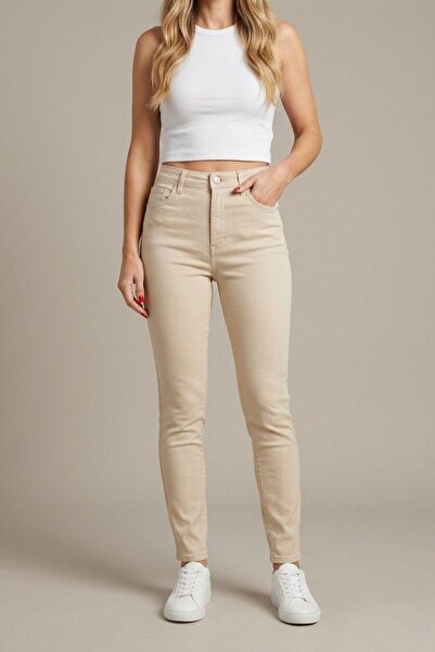 FlexiFit Dar Paça Yüksek Bel Kadın Jean Pantolon – Skinny Kalıp - Slim Fit, Bej