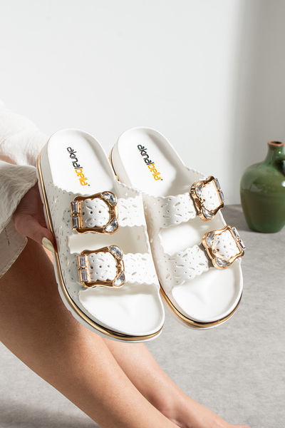 İmerShoes Günlük Kadın Terlik Çift Tokalı Gold Detaylı Desenli Rahat Hafif Or...
