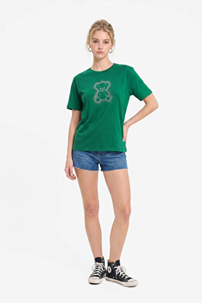 No Matter What Stone Detailed Teddy Bear Printed Oversize T-Shirt