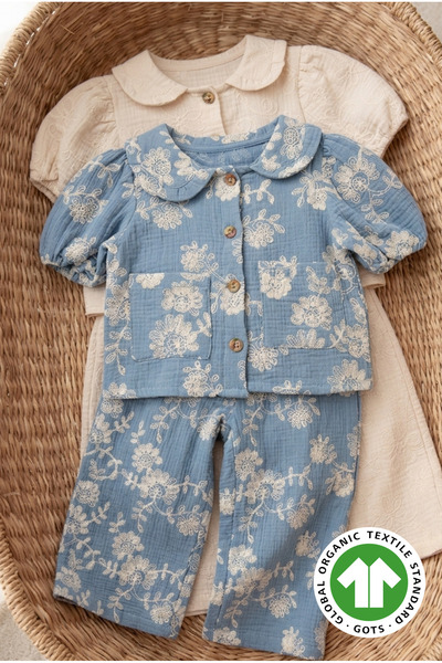 Mtcbaby %100 Pamuk Müslin Brode Dokuma Bol Paça Takım 3-7 Yaş Açık Mavi