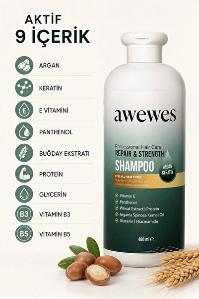 awewes Sülfatsız Onarıcı Şampuan.Yıpranmış & Boyalı Saçllar için.Tuzsuz 9 Aktif içerik.400 ML