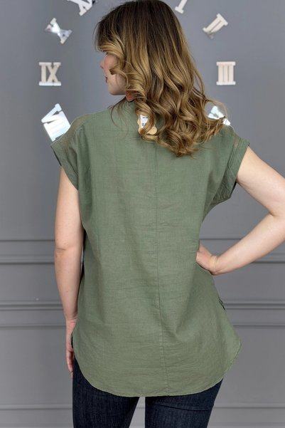 Bİ.GİYSEN Women's green tunic shirt with mesh detail on shoulder and pocket, washed linen fabric, short sleeve blouse