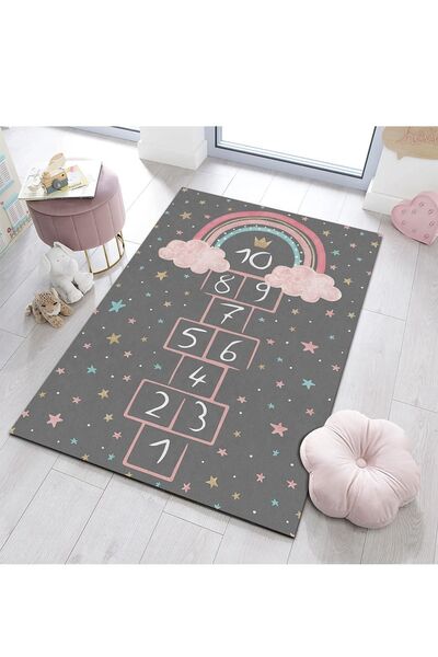 PINKIE HOME K Dijital Baskı Kaymaz Taban Makinede Yıkanabilir Gri Gökkuşağı S...