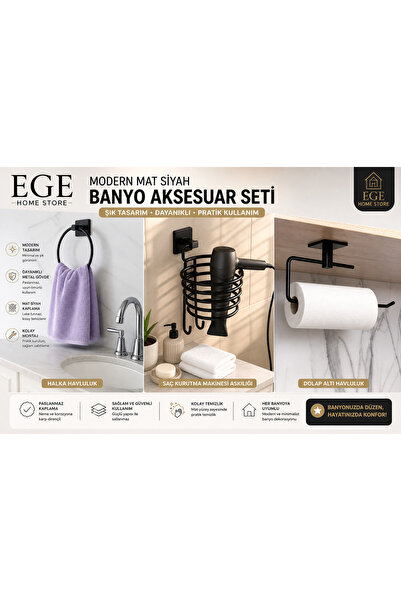 EGE HOME STORE 3 lü super set yapıskanlı vidalı fön makinası askısı yuvarlak ...