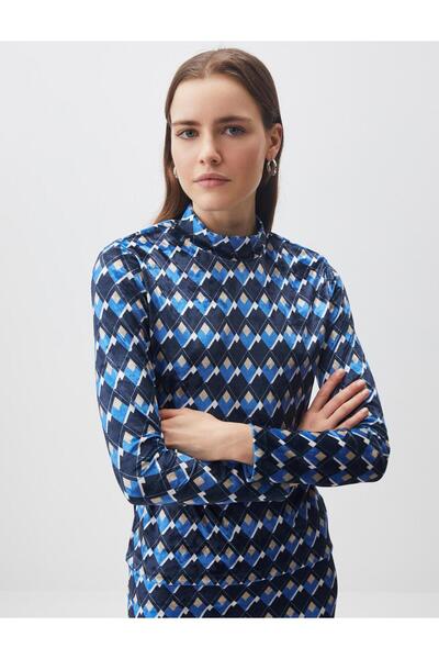 Jimmy Key Mixed Turtleneck Geometric Patterned Velvet Blouse