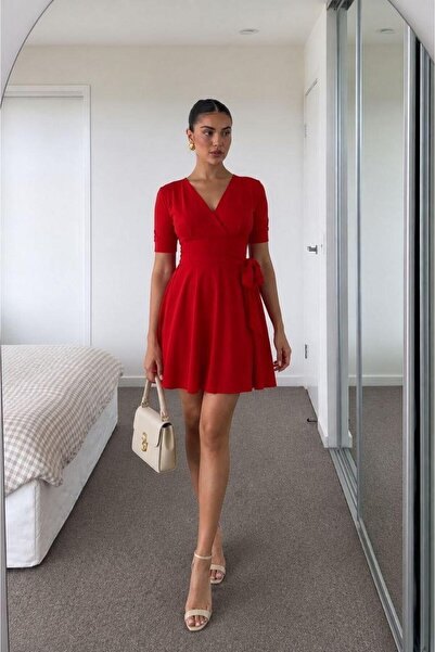 Modafeminen Red V-Neck Belted Mini Dress 582871