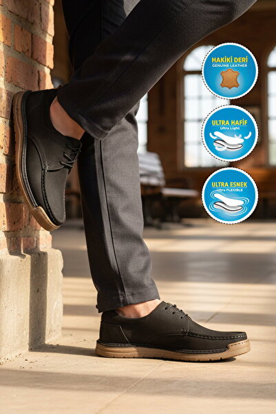AYAKMOD Black Nubuck Genuine Leather Lightweight Flexible Comfortable Men's C...