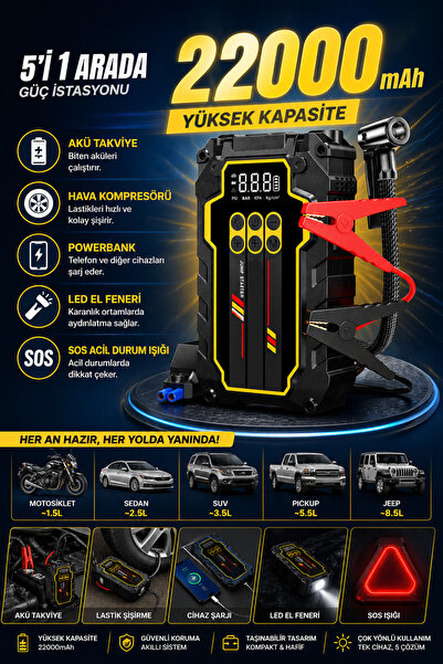 Kılıforyum 22000mAh Akü Takviye Cihazı Hava Kompresörü Powerbank 5in1 Jump St...
