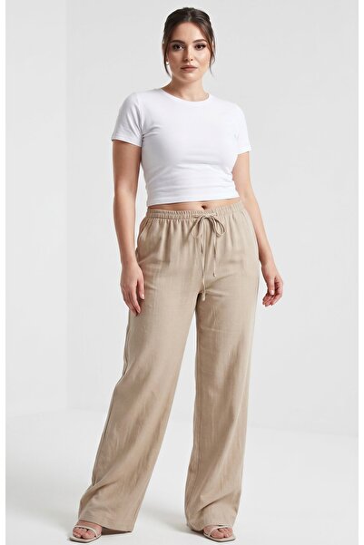 Moda Alba TAŞ KADIN BÜYÜK BEDEN BELİ LASTİKLİ KETEN KARIŞIMLI BOL KESİM PANTALON
