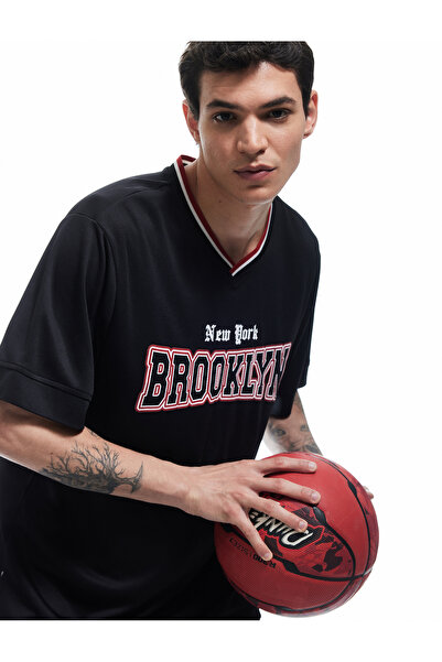 Koton V-Neck Short Sleeve College Printed Sports T-Shirt