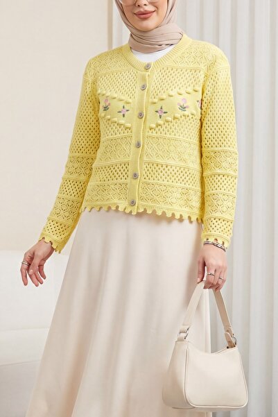 Modamorfo Floral Embroidered Pompom Buttoned Knitwear Cardigan - Yellow