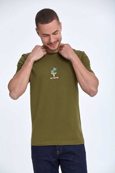 Voltaj Kaktus Vezena Pamuk lu okrugla kragna T-shirt kaki