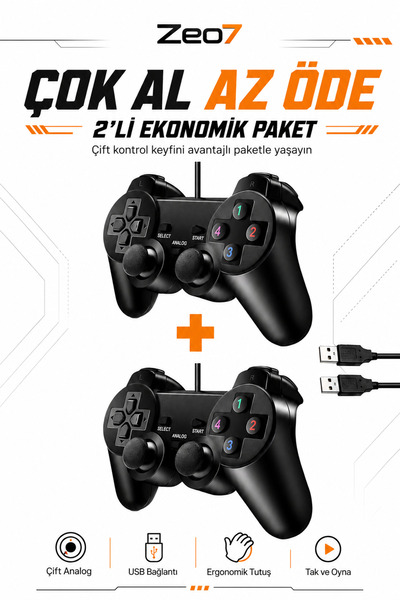Zeo7 Bilgisayar Oyun Kolu Kablolu USB Gamepad – PC & PS3 Uyumlu, Çift Titreşi...