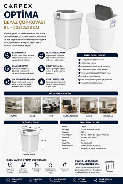 Carpex Optima Beyaz Çöp Kovası 8 L 22*22*28 cm