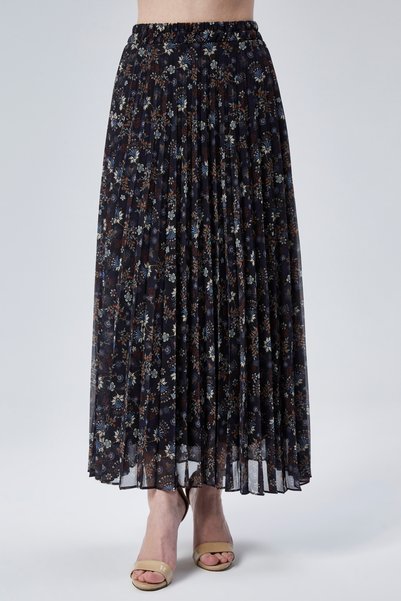 Modabenna Patterned Lined Pleated Elastic-Waist Chiffon Skirt Pleated