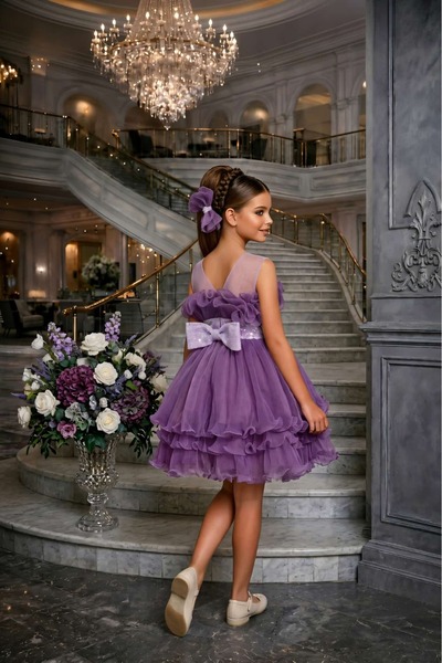 By Feyza Kids Collection By Feyza Kız Çocuk Lila Kısa Payetli Abiye Toka Dahi...
