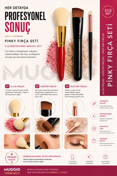 Muggio Pinky 3'lü Premium Makyaj Fırça Seti Allık - Kontür - İnce Far Fırçası