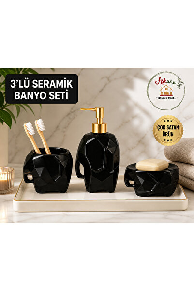 Aşkana 3-Piece Ceramic Elephant Figured Glossy Black Decorative Bathroom Set,...