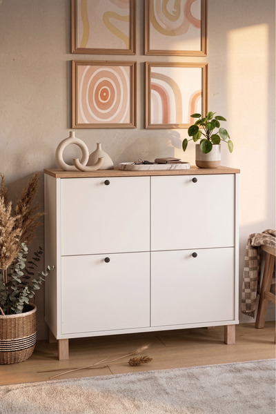 Nord Shoe Cabinet Multipurpose 4 Door Wooden Leg Basket-White ND1-SW