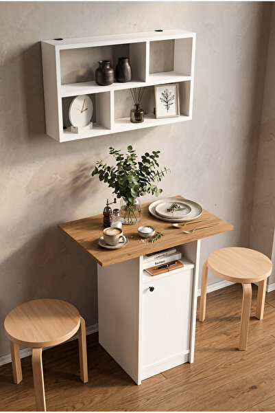 Yurudesign Nord Mutfak Masası Yemek Masası Dolaplı Raflı Sepet-Beyaz ND17-SW