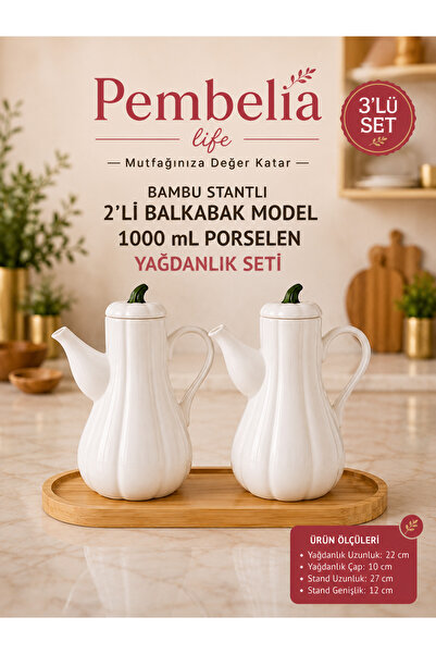 Pembelia Life Bambu Standlı 2’Li Porselen Beyaz Bal Kabak Model Yağdanlık Set...