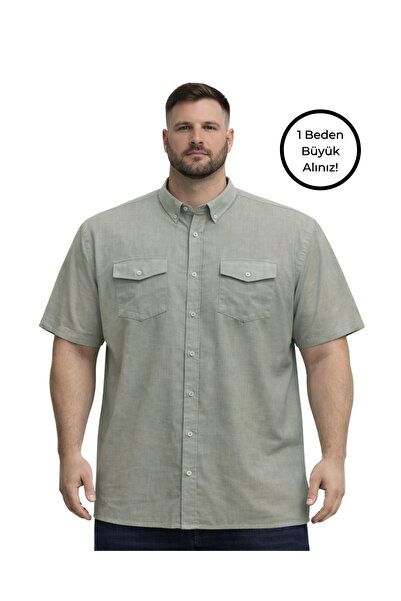 BattalModa Erkek Büyük Beden Haki Çift Cepli Kısa Kollu Gömlek 3XL-4XL-5XL-6X...