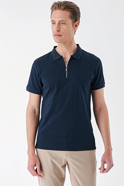 Efor Slim Fit %100 Pamuk Fermuarlı Polo Yaka Lacivert Tişört TS 877