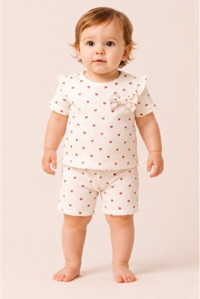 nevrankids Heart Pattern Fırfır & Fiyonk Detay Kız Bebek Çocuk Yazlık Şort Takım