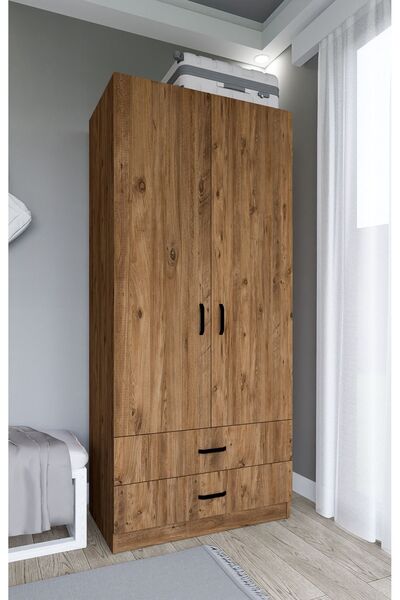 midoser Yaman 80 Cm Atlantik Çam 2 Kapaklı 2 Çekmeceli Elbise Dolabı - Gardırop