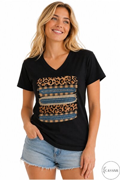 Cassime Ženska majica sa leopard printom, crna, V-izrez, 100% pamuk