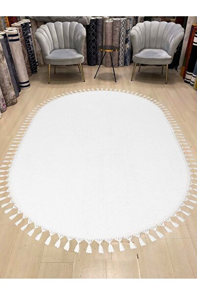 Valery Home Vl Oval Comfort Ponpon Saçaklı Peluş Halı Beyaz