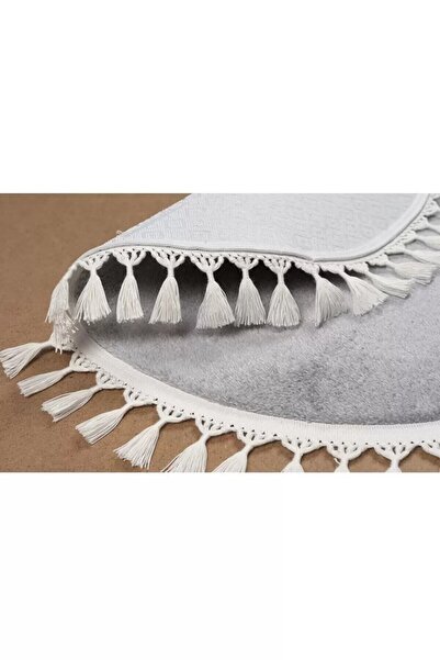 Valery Home Vl Yuvarlak Comfort Ponpon Saçaklı Peluş Halı Açık Gri Pon Pon Beyaz
