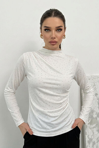 AKD Atelier Bluză de damă cu mâneci lungi, cu drapaj, din țesătură nisipoasă,...