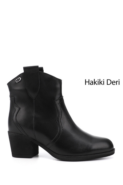 GÖNDERİ(R) Kadın Siyah Kalın Topuklu Hakiki Deri Kovboy Bot