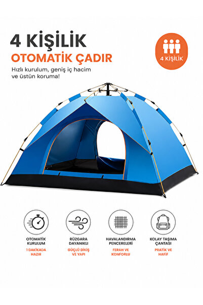 Realx 4 Kişilik Tam Otomatik Kurulum Dayanaklı Gölgelikli Kamp Çadırı 2 Kapıl...