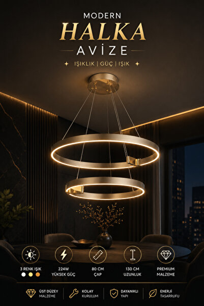 Elvora Home Modern (PREMİUM) LED 3 Renk Ayarlı Sarkıt Halka Avize Gold Gri Ta...