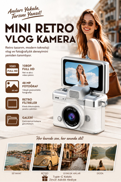RoseandRoses Mini Kamera Dönen Ekran Flaşlı Selfie Video Vlog Kamerası Anahta...