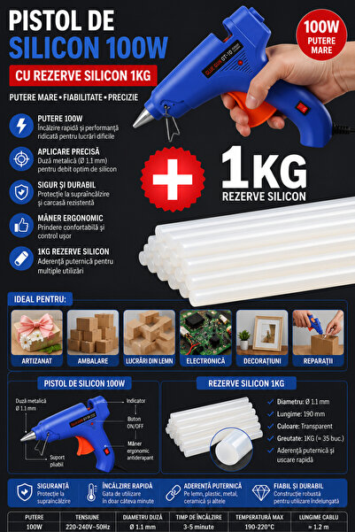 OEM HomeRoy – Pistol de Silicon 100W cu Rezerve 1kg (Ø 1.1 mm)