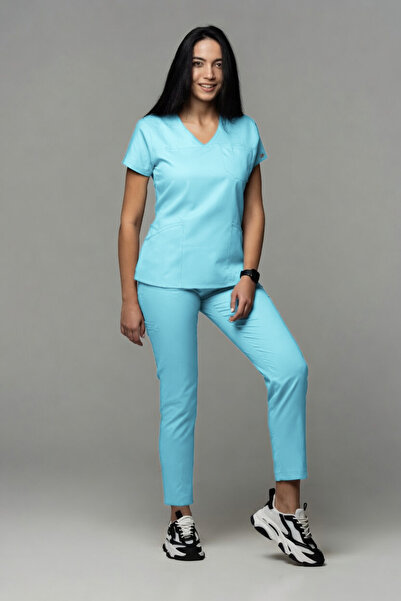 OEM Costum medical pentru femei, bluză și pantaloni, slim fit, FLEXI AMBRA, Aqua