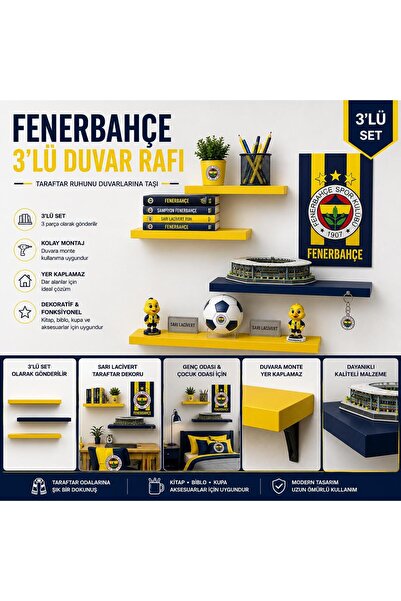 BMD MOBİLYA Sarı Lacivert Temalı Dekoratif Duvar Rafı Seti – FB Taraftar Rafı...