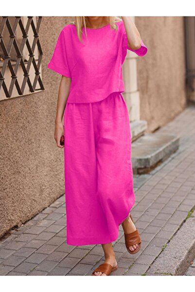 Toridas Set de damă fucsia, cu top scurt cu aspect de in și pantaloni