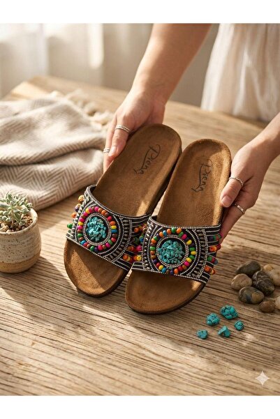 PLN SHOES Pienn 20050 Pedli Anatomik Rahat Taşlı Boncuklu Kadın Terlik