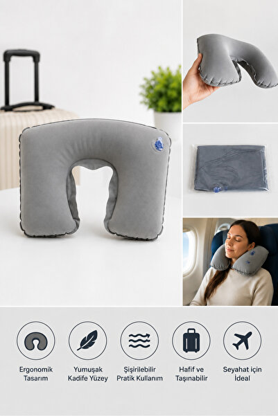 Kinlee Şişme Seyahat Boyun Yastığı Uçak Otobüs Araba İçin Ergonomik Boyun Des...