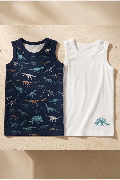 Katia&Bony Boy's Dinosaur Patterned 2'Li Package Undershirt White/Navy Blue